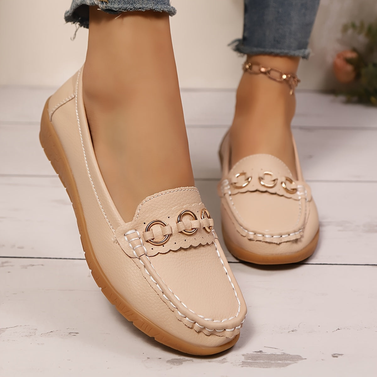 White Slip-On Loafers with Gold Accents - Casual Flat Shoes