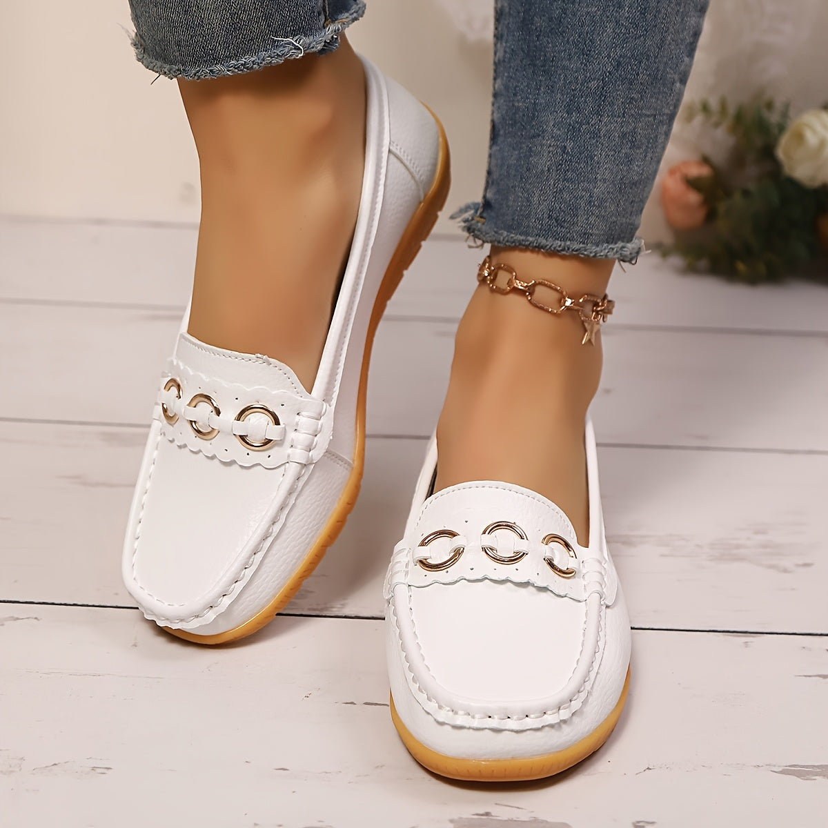 White Slip-On Loafers with Gold Accents - Casual Flat Shoes