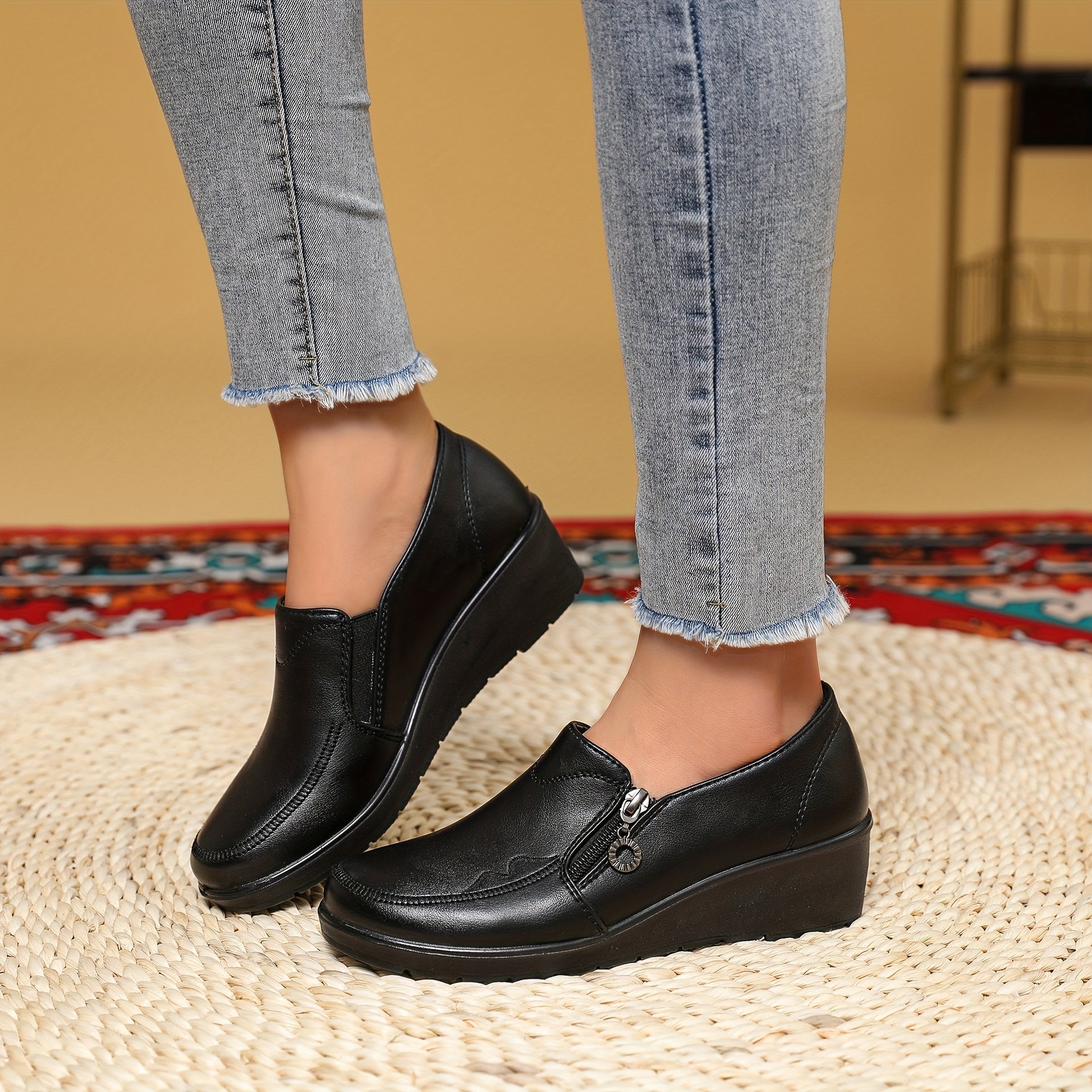 Women's Side Zipper Embroidered Loafers - Comfortable Round Toe Work Shoes
