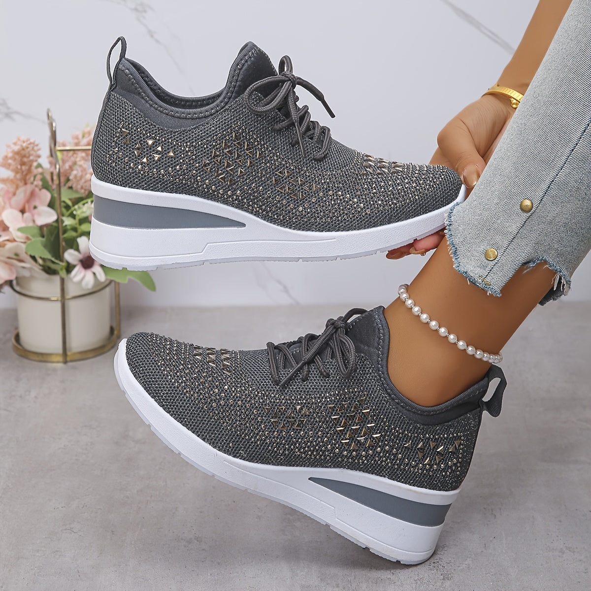 Rhinestone-Embellished Black Sneakers - Comfortable Low-Top Lace-Up Casual Shoes