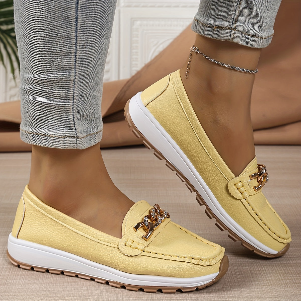 Women's Lightweight Slip-On Loafers - Mustard Yellow & White Casual Shoes