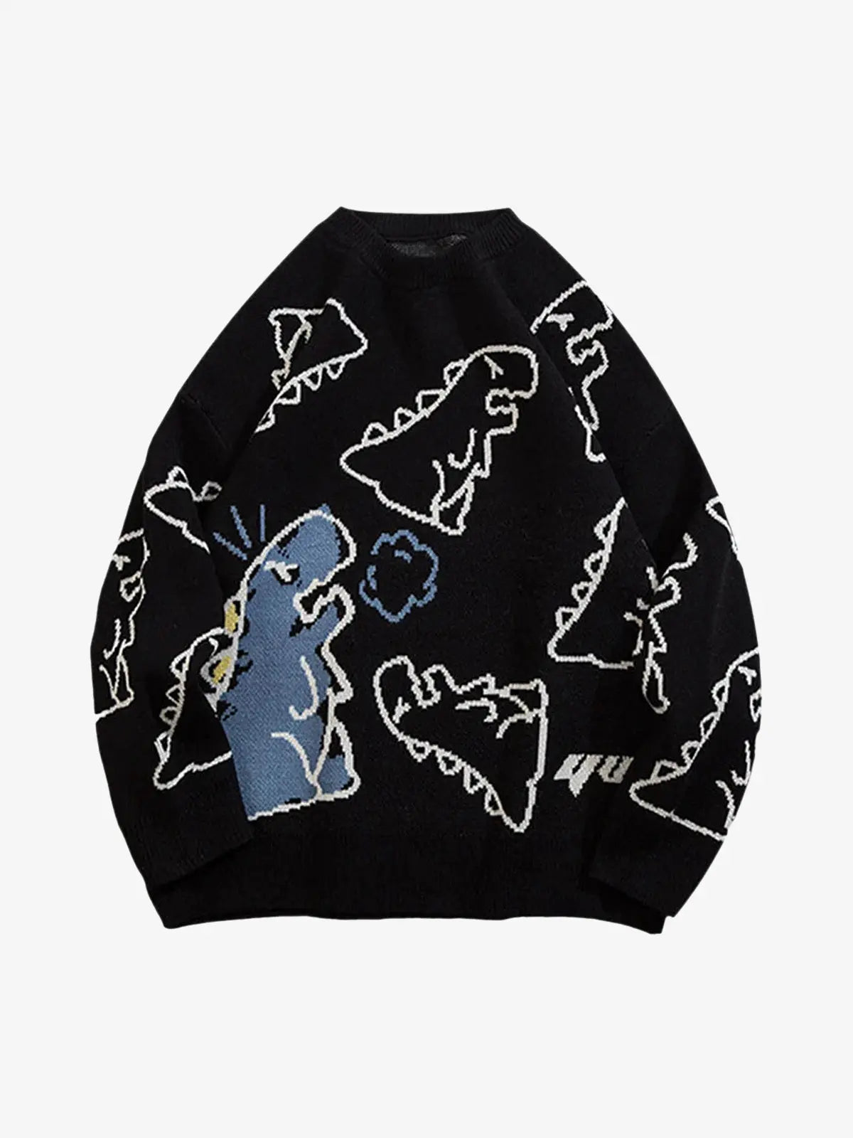 Ribbed cuff detail of black dinosaur motif sweater