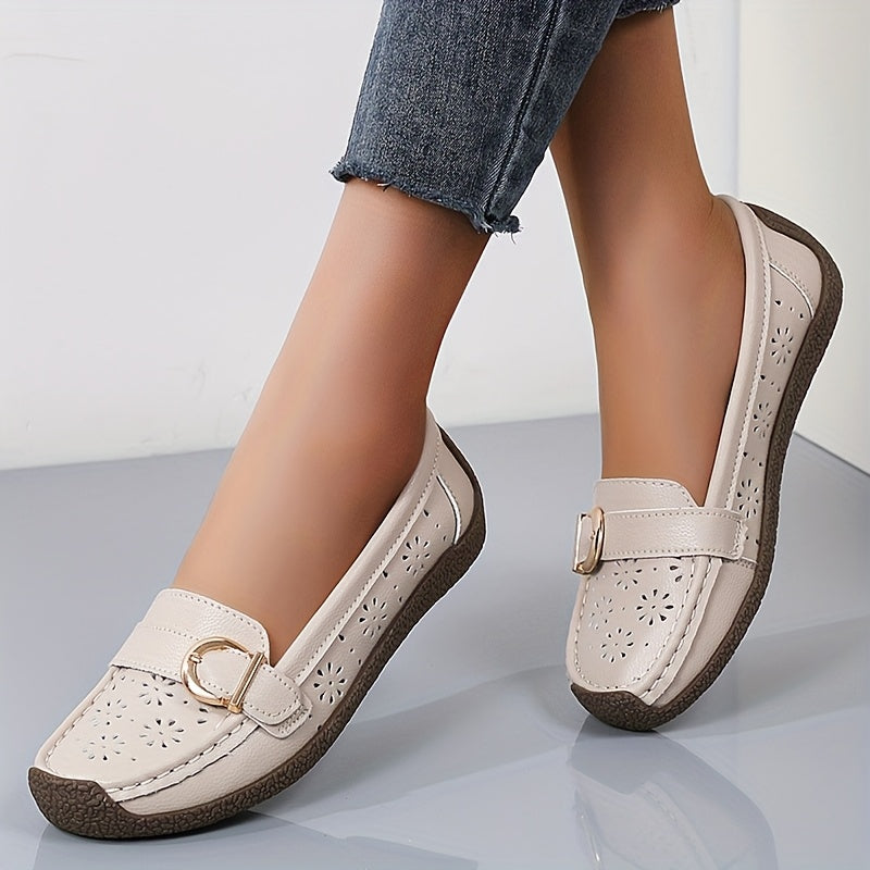 White Slip-On Loafers with Ventilation Holes & Gold Buckle - Lightweight Summer Shoes
