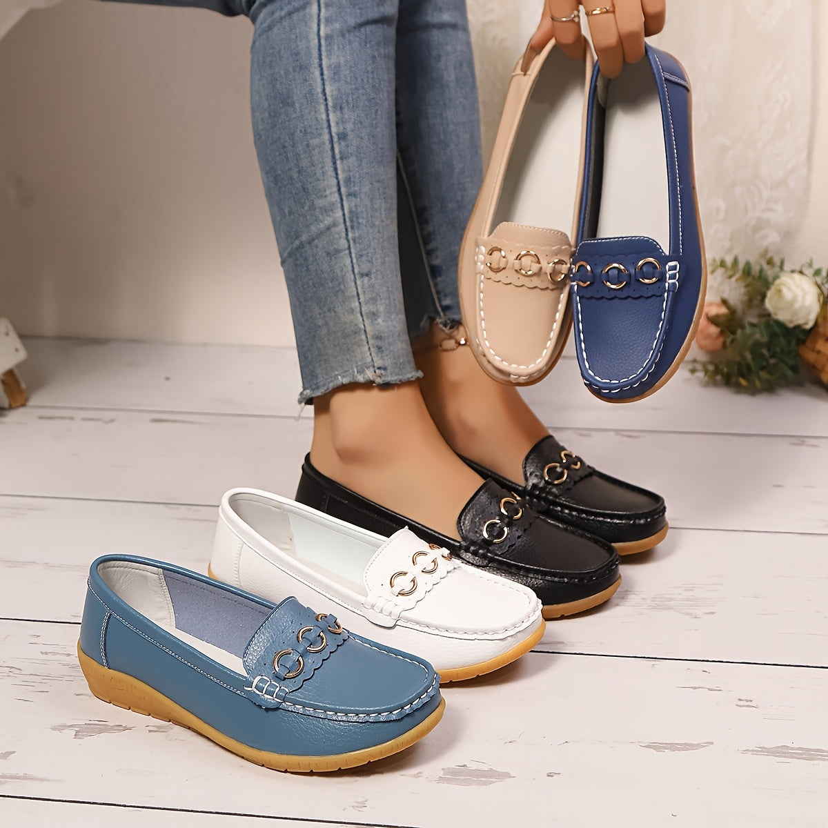 White Slip-On Loafers with Gold Accents - Casual Flat Shoes