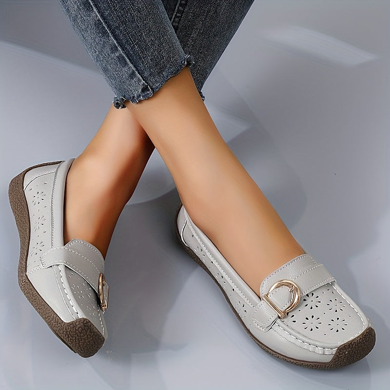 White Slip-On Loafers with Ventilation Holes & Gold Buckle - Lightweight Summer Shoes
