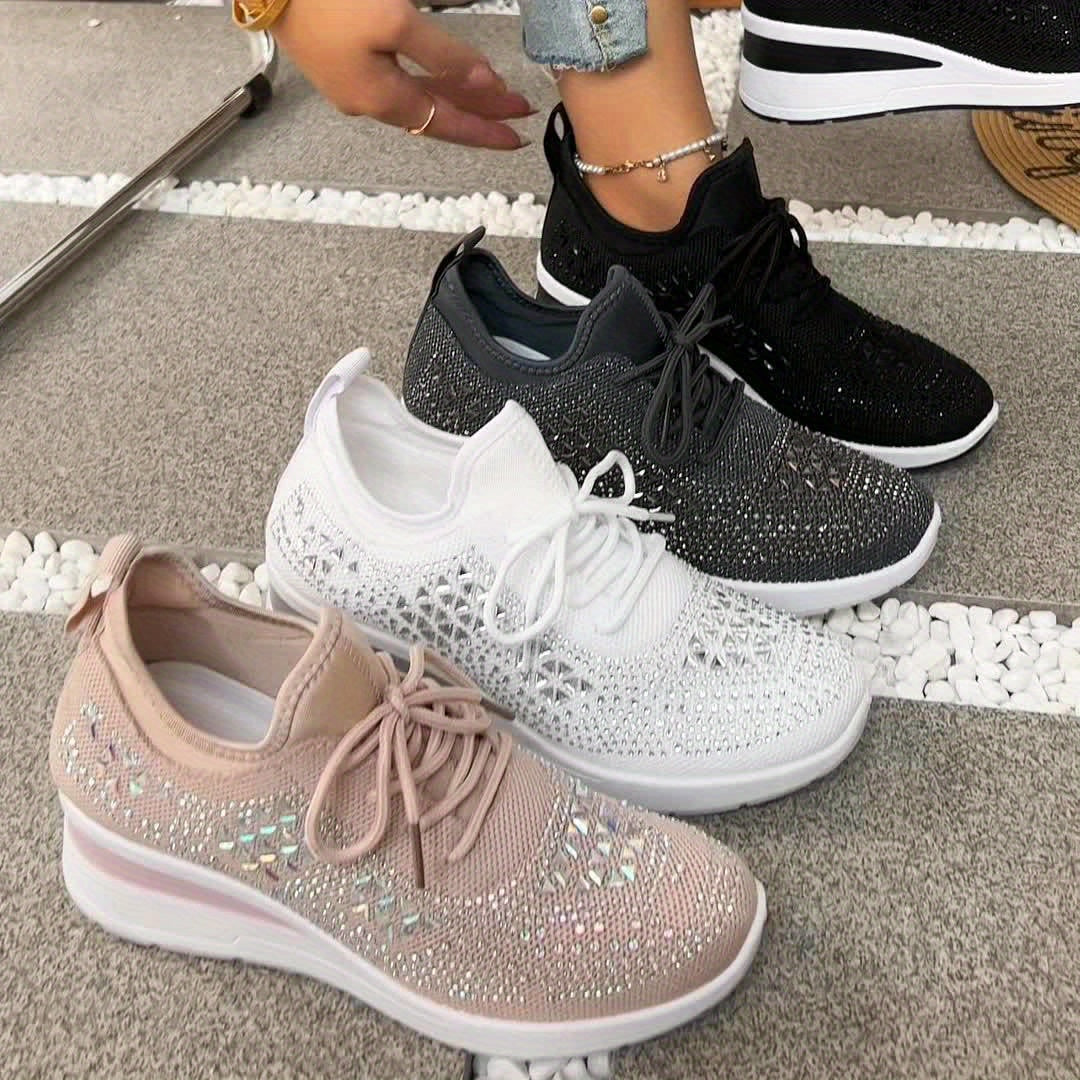 Rhinestone-Embellished Black Sneakers - Comfortable Low-Top Lace-Up Casual Shoes