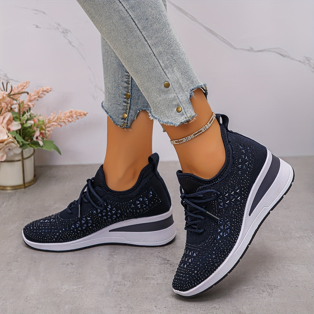 Rhinestone-Embellished Black Sneakers - Comfortable Low-Top Lace-Up Casual Shoes