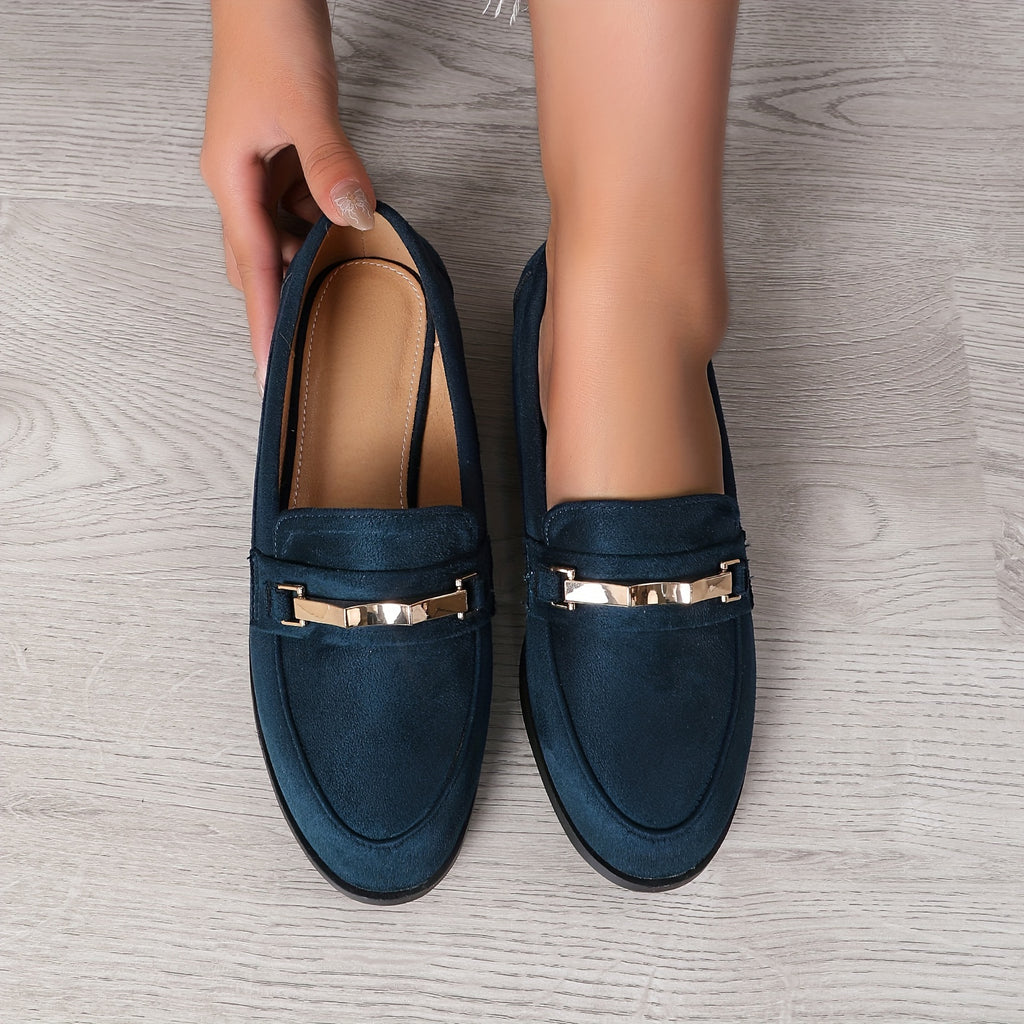 Chic Metallic Accent Women's Loafers - Breathable Slip-Ons in Solid Colors, British Style, Round Toe