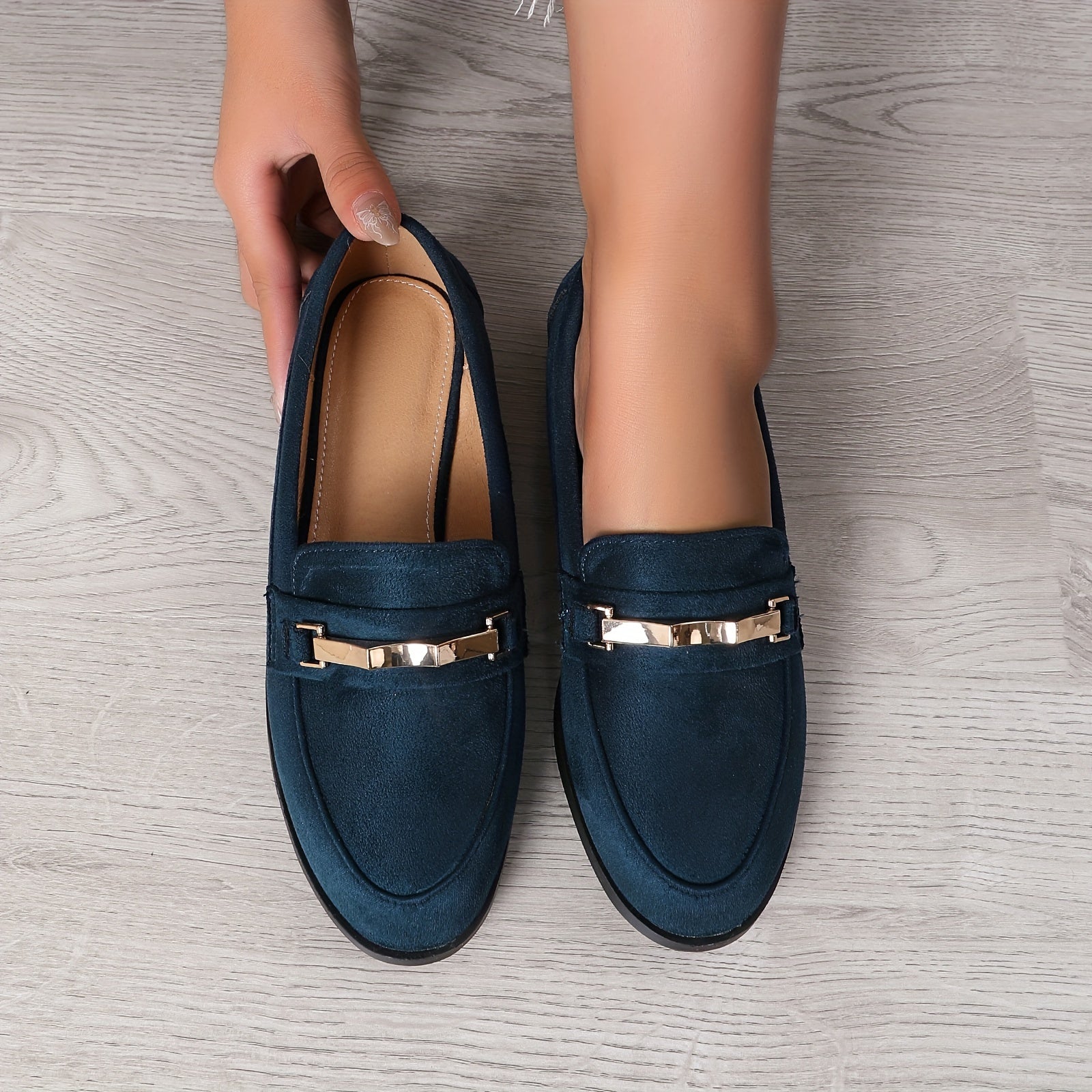 Chic Metallic Accent Women's Loafers - Breathable Slip-Ons in Solid Colors, British Style, Round Toe