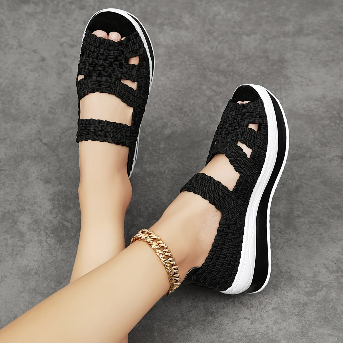 Women's Casual Slip-On Sneakers - Black Woven Upper, White EVA Sole, Lightweight & Breathable with Cut-Out Design