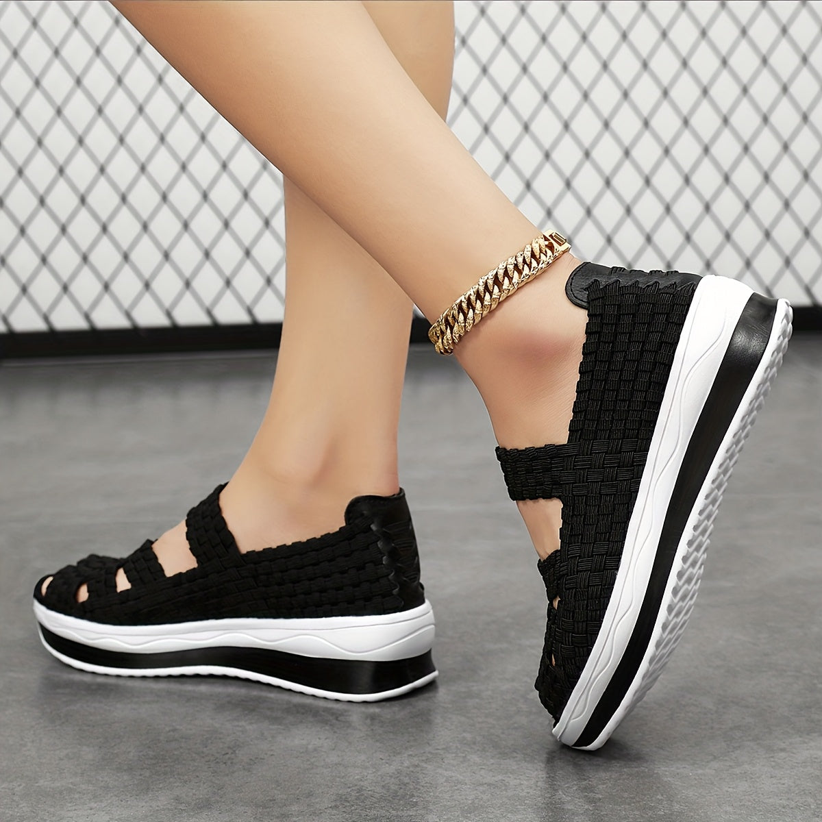 Women's Casual Slip-On Sneakers - Black Woven Upper, White EVA Sole, Lightweight & Breathable with Cut-Out Design