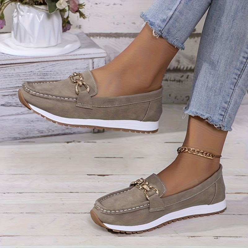 Red Faux Loafers with Gold Buckle - Slip-On Casual Flats