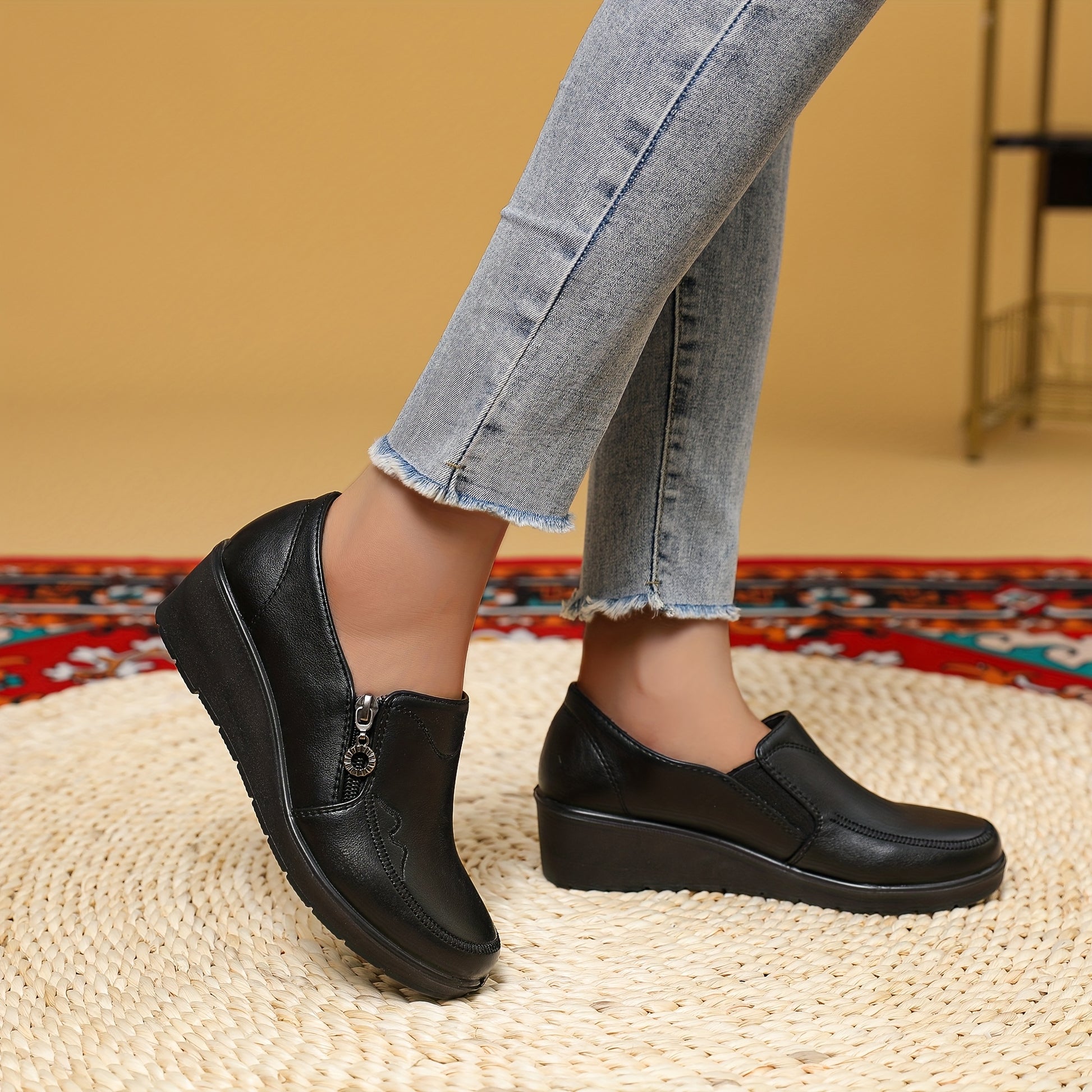 Women's Side Zipper Embroidered Loafers - Comfortable Round Toe Work Shoes