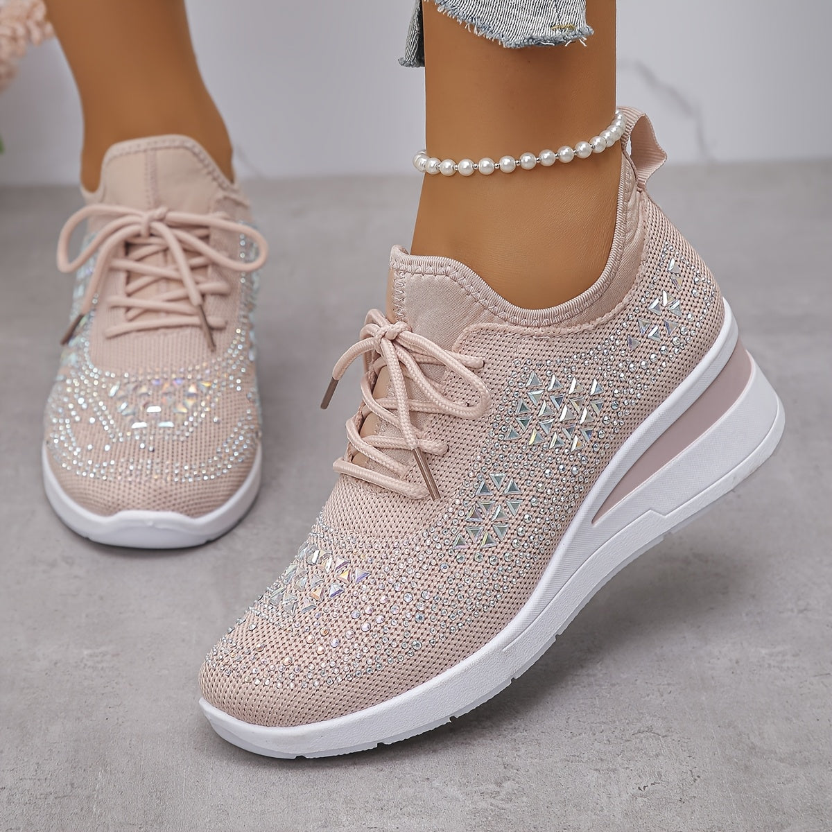 Rhinestone-Embellished Black Sneakers - Comfortable Low-Top Lace-Up Casual Shoes