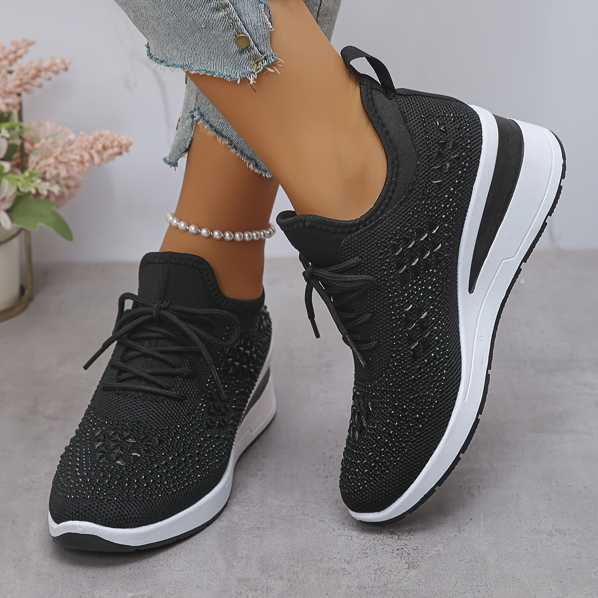 Rhinestone-Embellished Black Sneakers - Comfortable Low-Top Lace-Up Casual Shoes