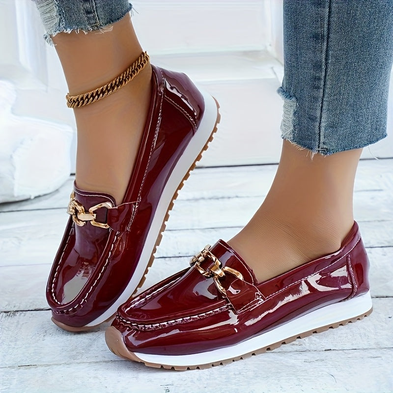 Red Faux Loafers with Gold Buckle - Slip-On Casual Flats