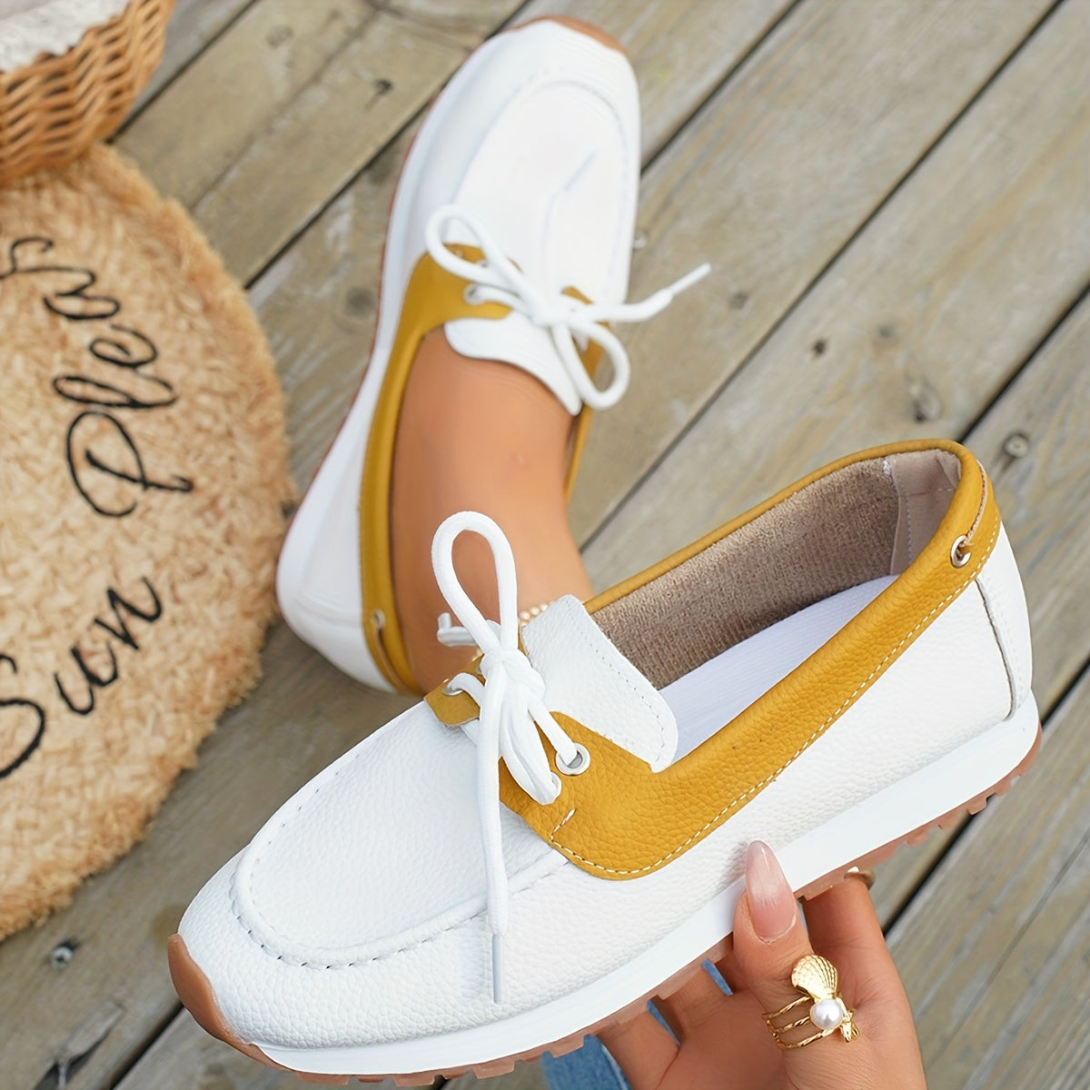 Women's Slip-On Loafers - White & Mustard Casual Shoes with Rubber Sole