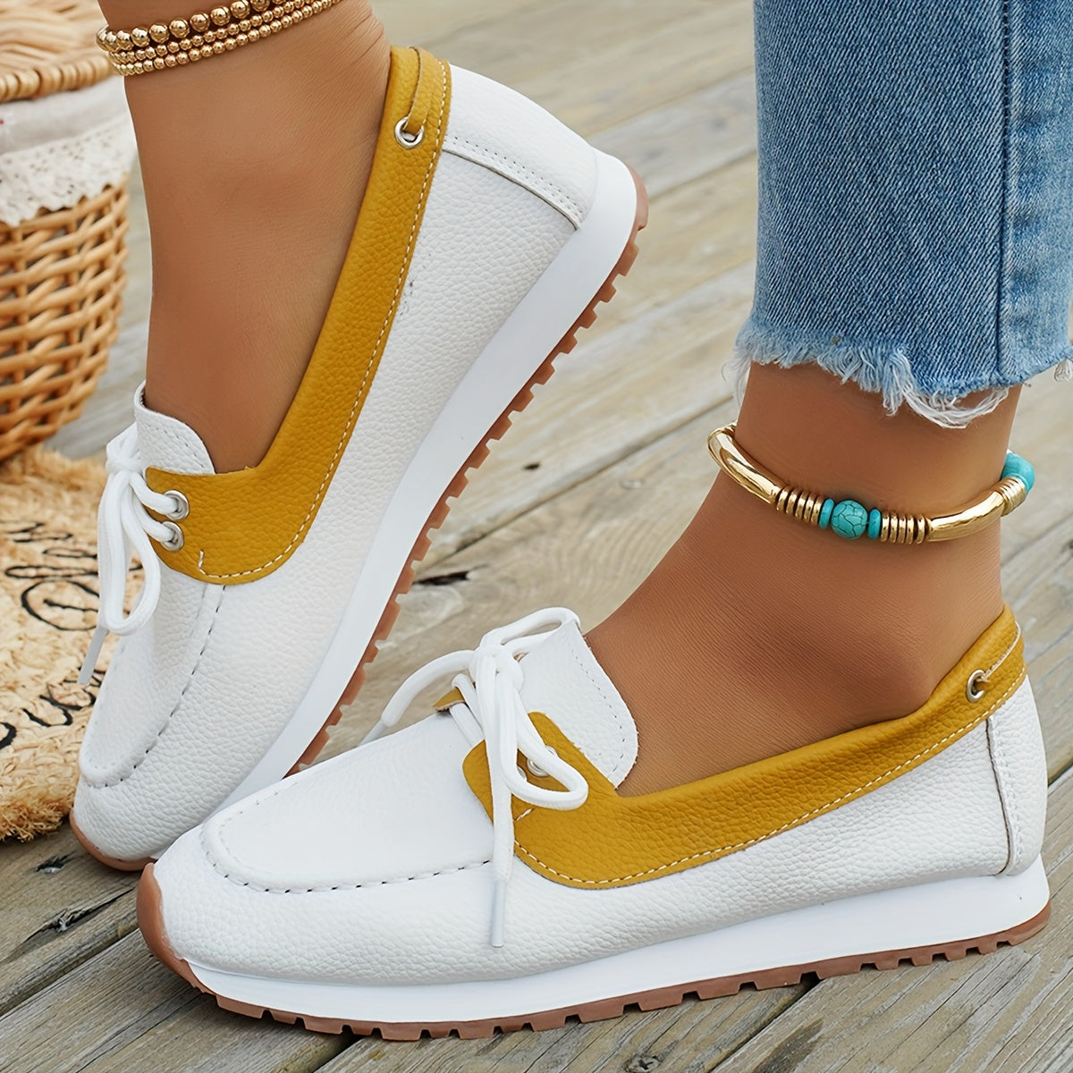 Women's Slip-On Loafers - White & Mustard Casual Shoes with Rubber Sole