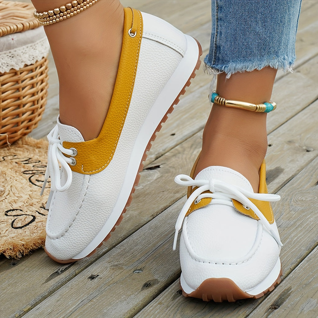 Women's Slip-On Loafers - White & Mustard Casual Shoes with Rubber Sole