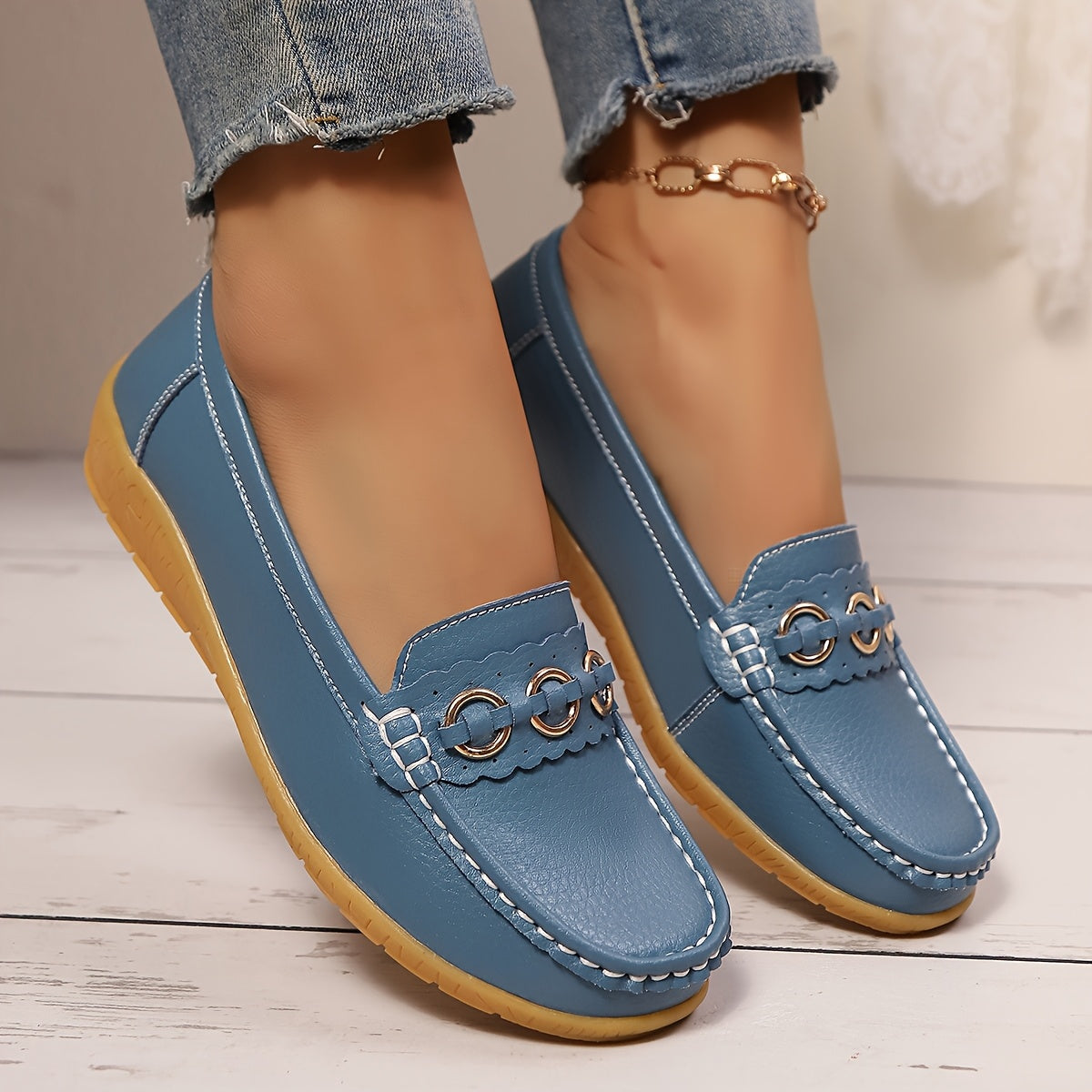 White Slip-On Loafers with Gold Accents - Casual Flat Shoes