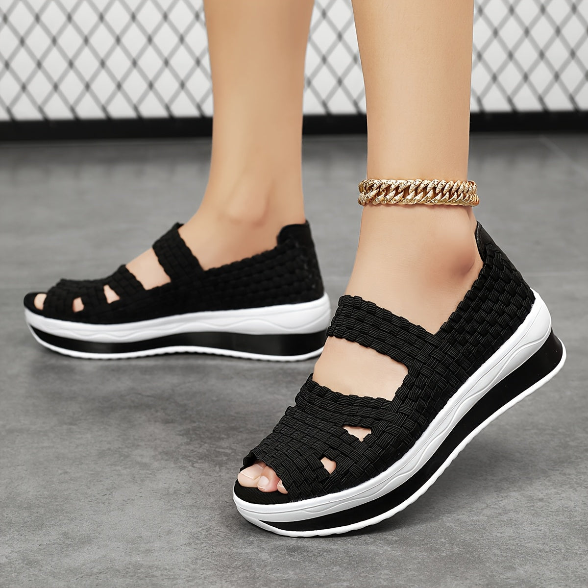 Women's Casual Slip-On Sneakers - Black Woven Upper, White EVA Sole, Lightweight & Breathable with Cut-Out Design