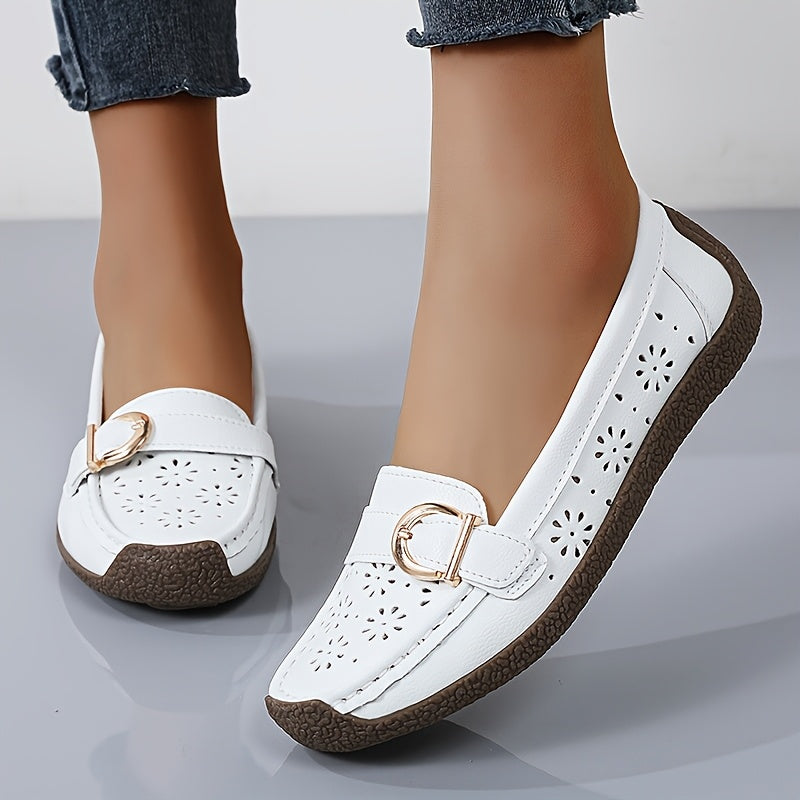 White Slip-On Loafers with Ventilation Holes & Gold Buckle - Lightweight Summer Shoes