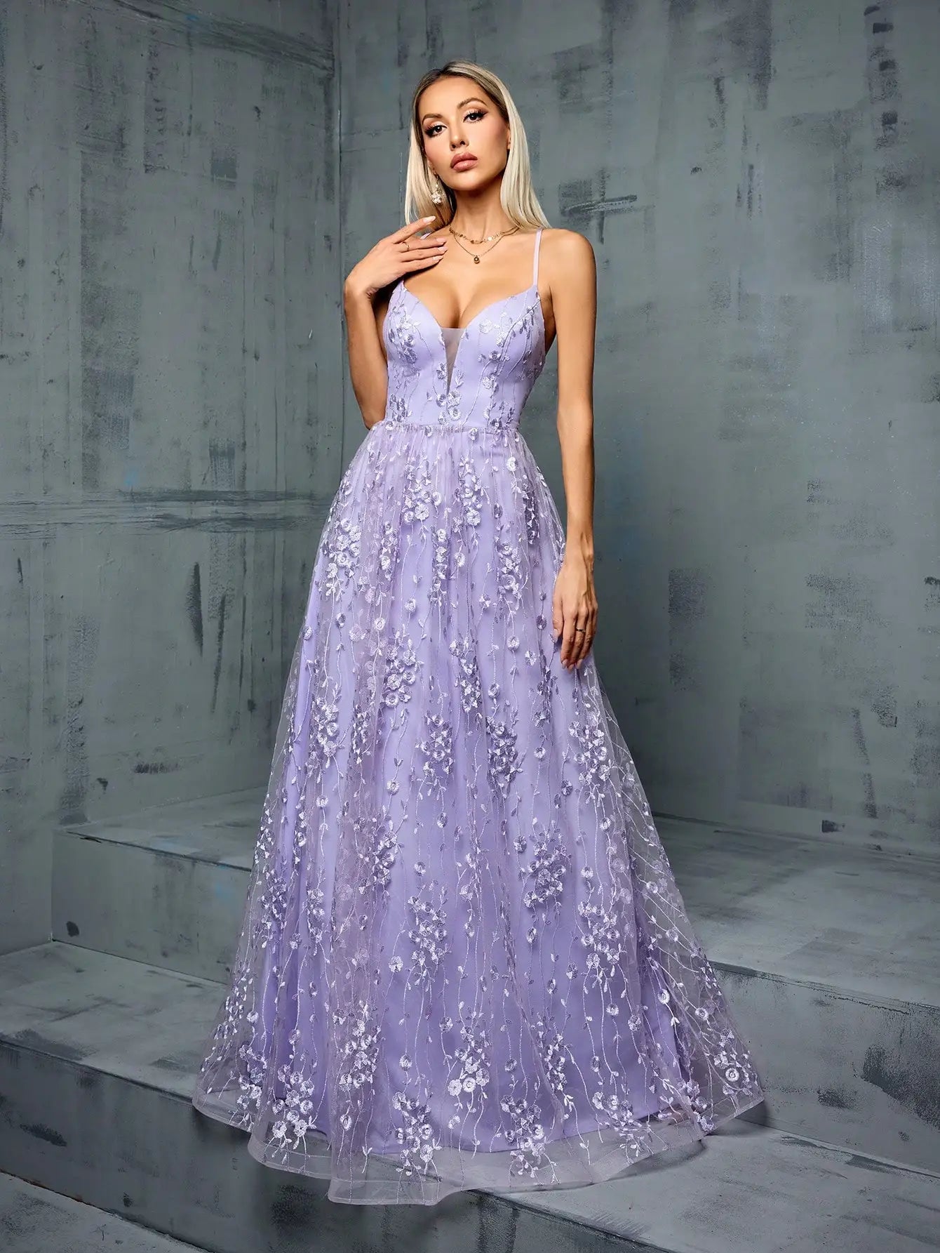 Embroidered lilac gown for UK prom, bridesmaid or formal occasions
