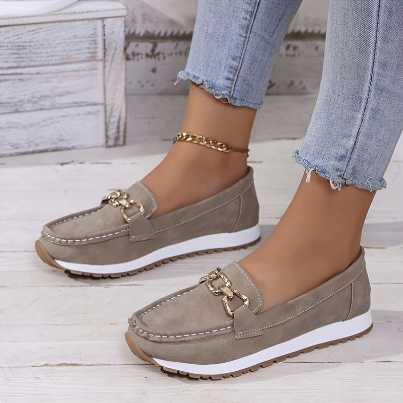 Red Faux Loafers with Gold Buckle - Slip-On Casual Flats