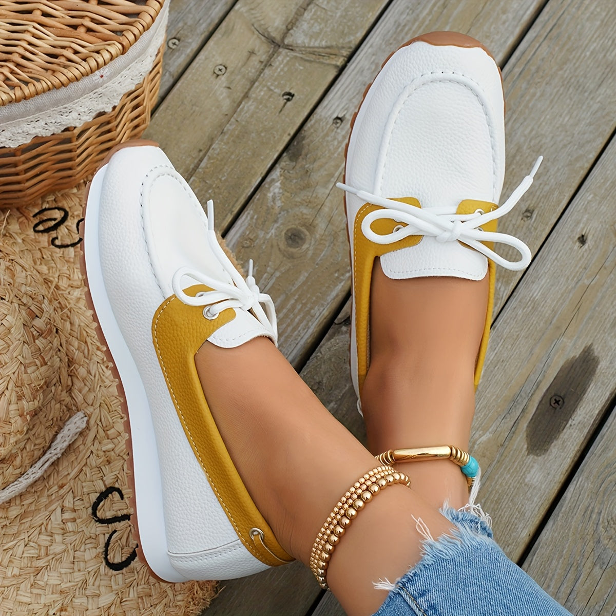 Women's Slip-On Loafers - White & Mustard Casual Shoes with Rubber Sole