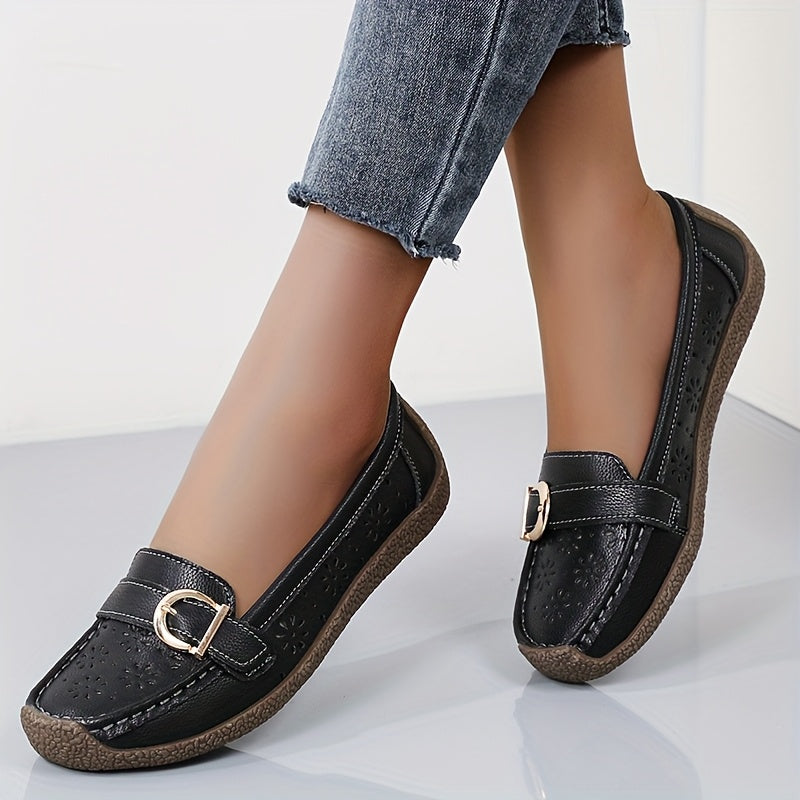 White Slip-On Loafers with Ventilation Holes & Gold Buckle - Lightweight Summer Shoes