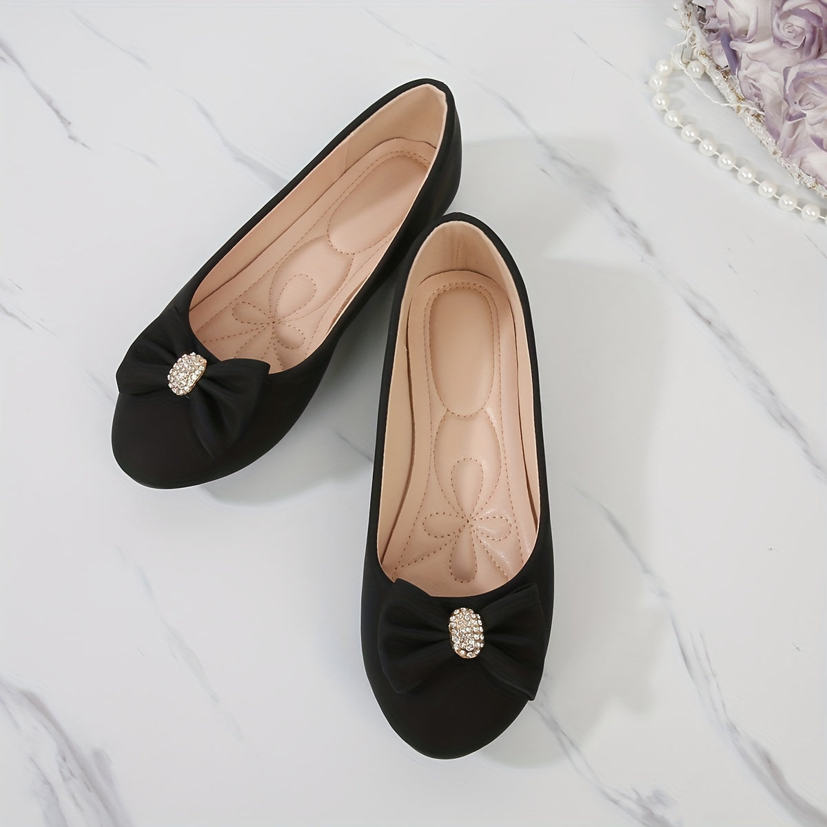 Women's Slip-On Glittery Bow Loafers - Comfortable Round-Toe Flats in White, Pink, and Brown