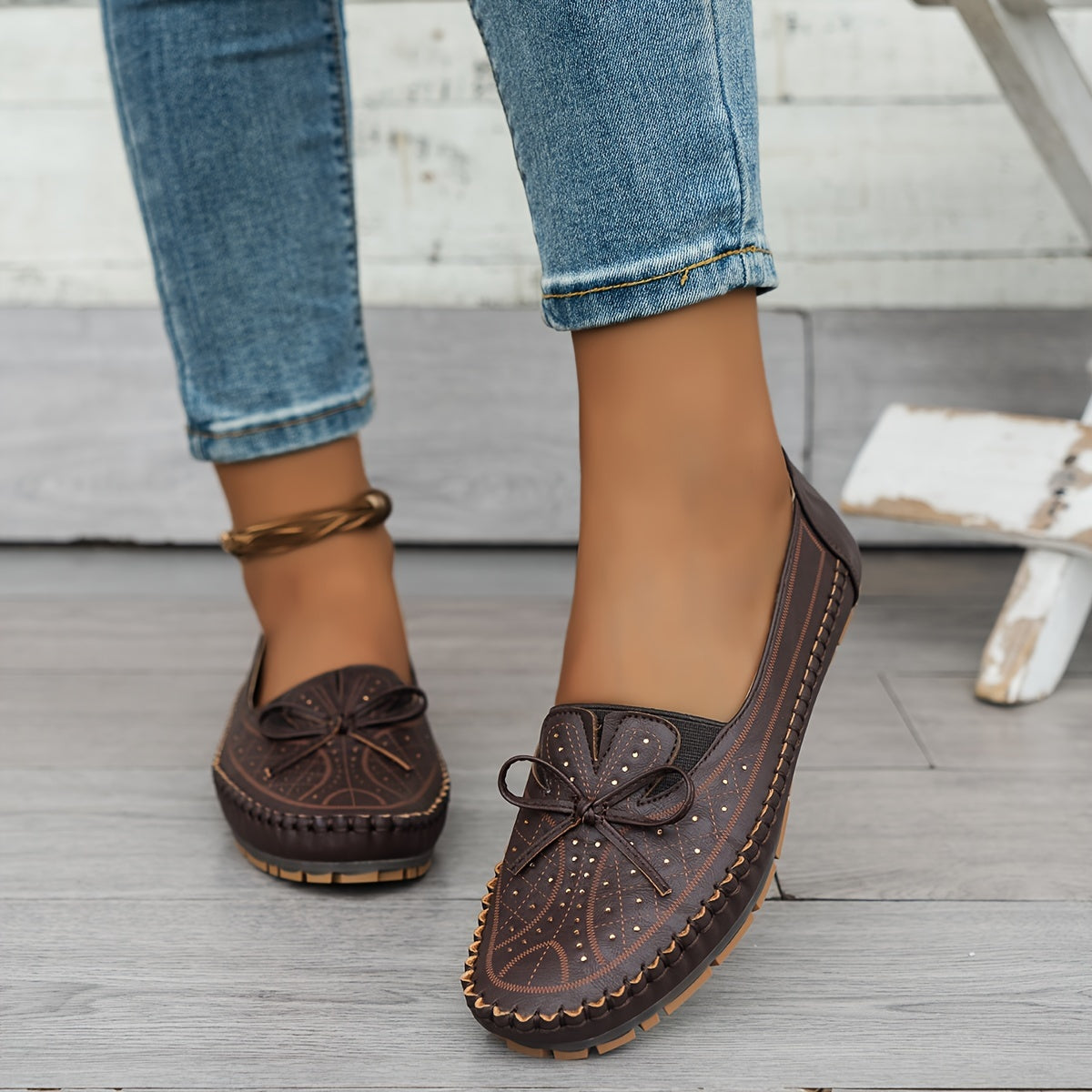 Women's Plus Size Lightweight Slip-On Loafers with Bow - Comfortable Casual Shoes