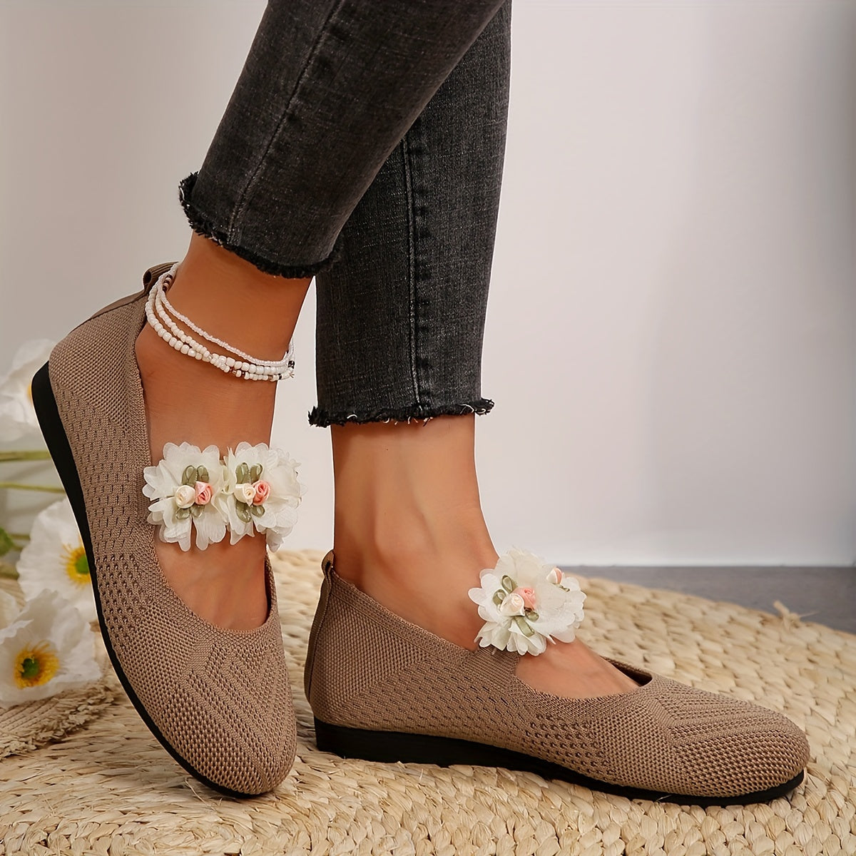 Floral Slip-On Round Toe Flats with Ankle Strap