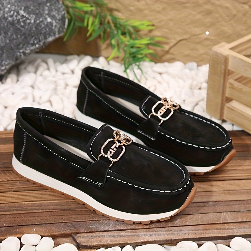 Red Faux Loafers with Gold Buckle - Slip-On Casual Flats