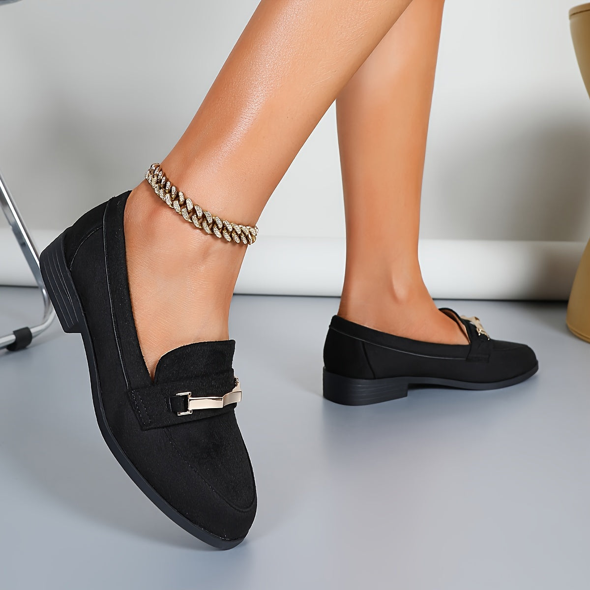 Chic Metallic Accent Women's Loafers - Breathable Slip-Ons in Solid Colors, British Style, Round Toe
