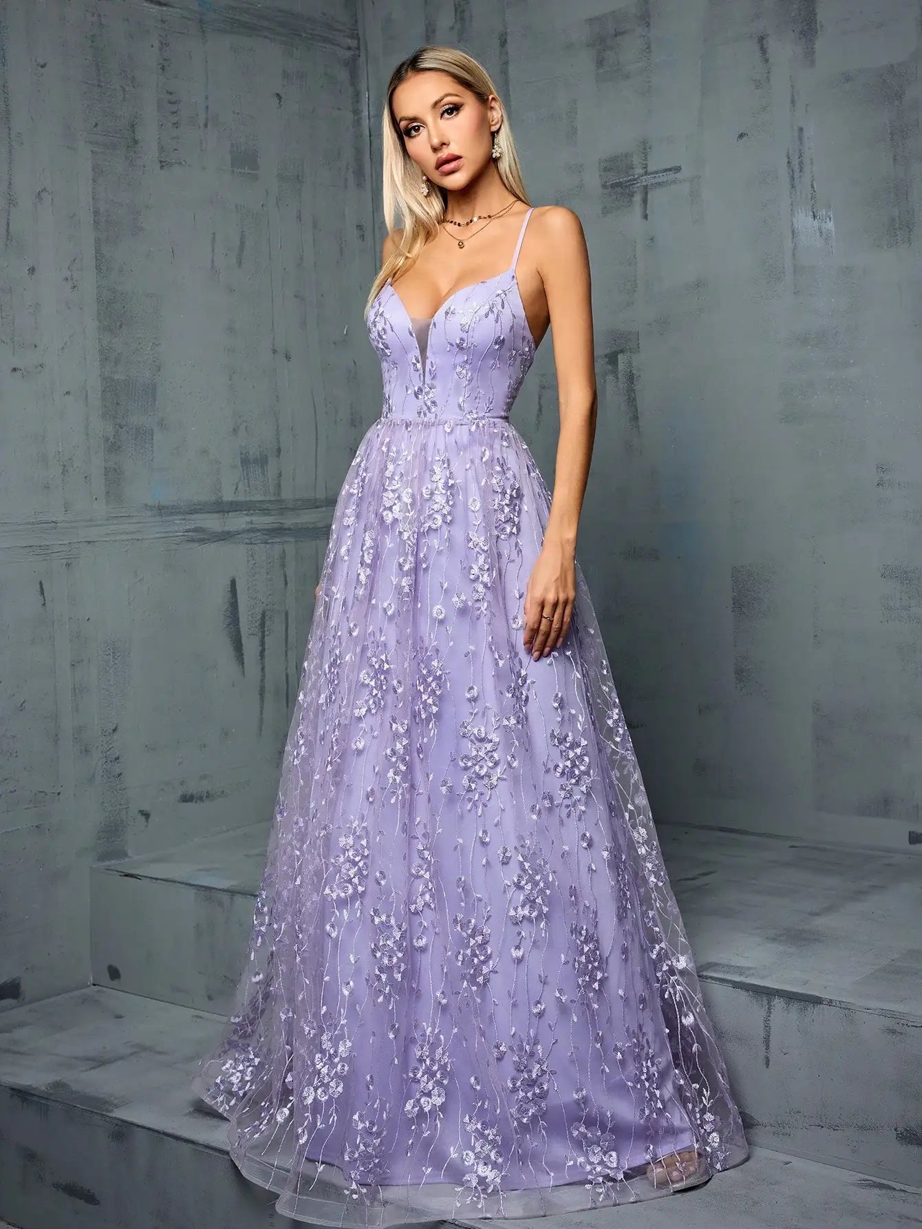 Full-length lavender formal dress with embroidered overlay