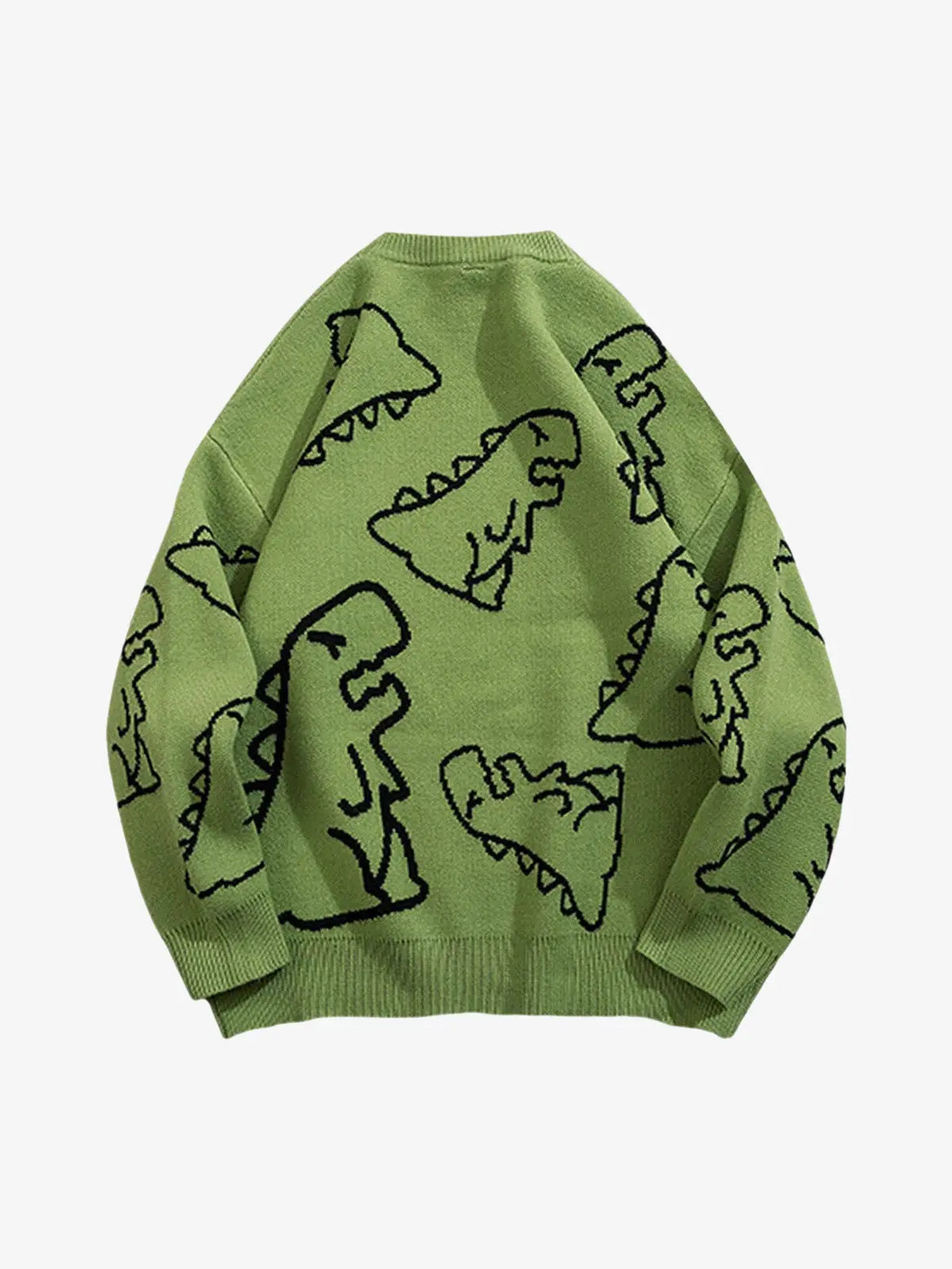 Back view of green sweater featuring all-over dinosaur design