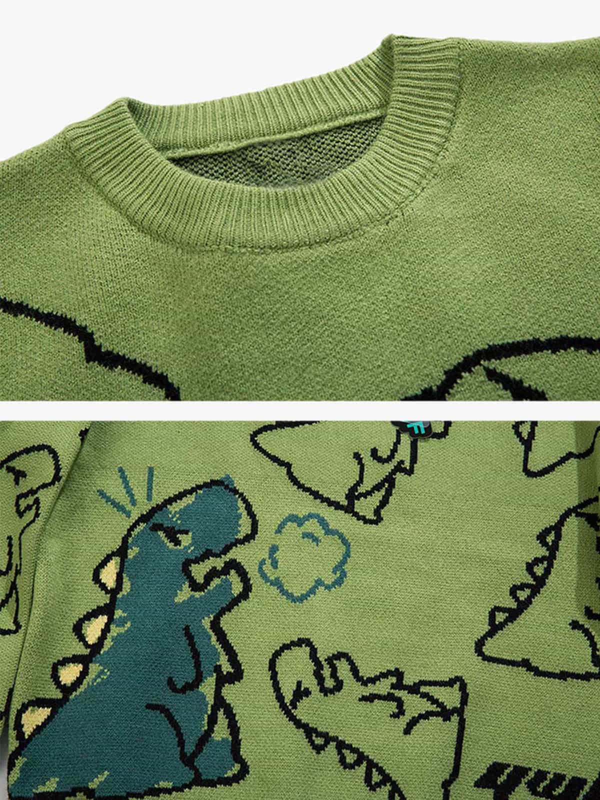 Close-up of dinosaur motif on green cotton blend sweater