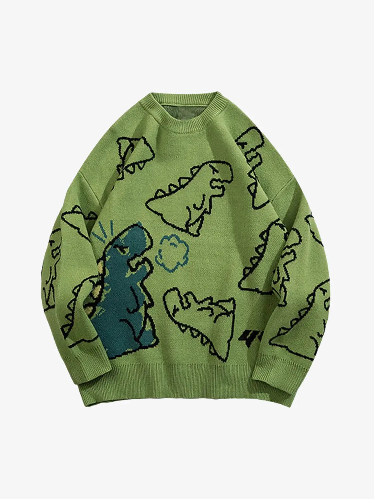 Front view of green sweater with playful dinosaur print