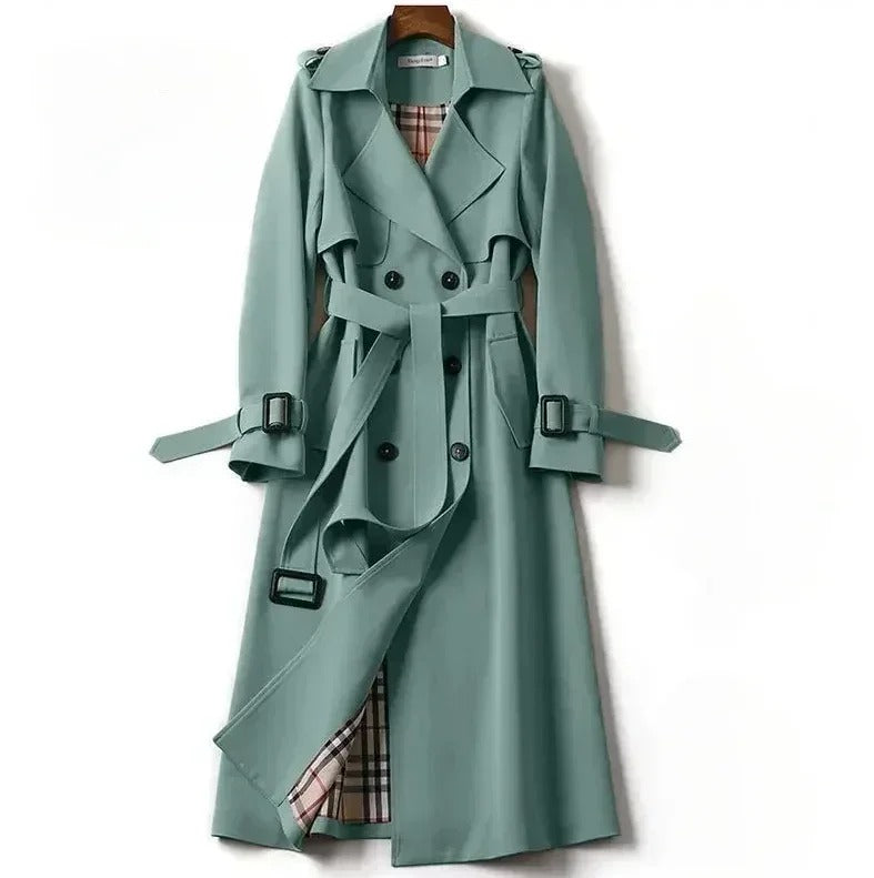 Green closed trench coat buttoned up