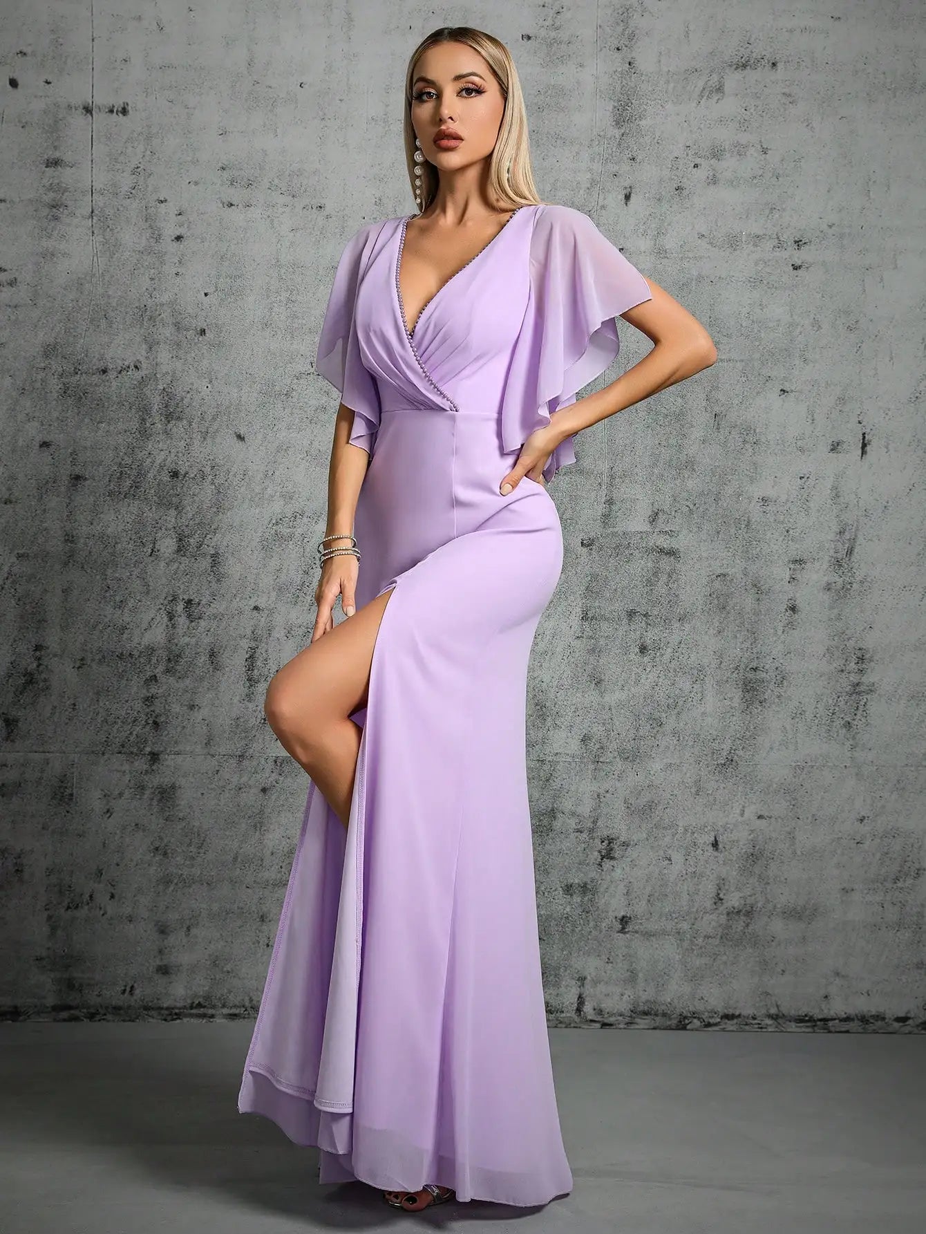 Floor-length lavender bridesmaid dress for formal UK events
