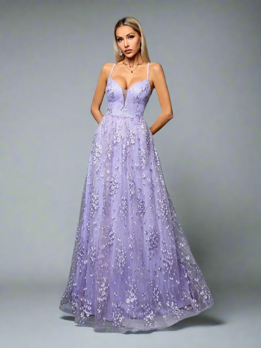 Lavender embroidered prom dress with tulle overlay and V neckline
