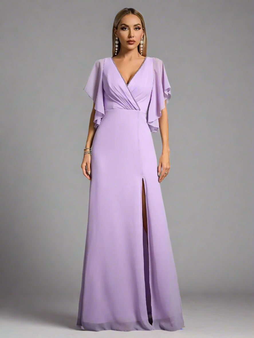 Lavender maxi dress with flutter sleeves and front slit for formal occasions
