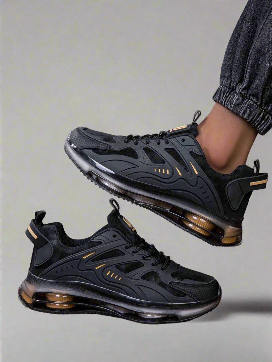 Detailed close-up of lace-up and upper texture of men’s sneakers