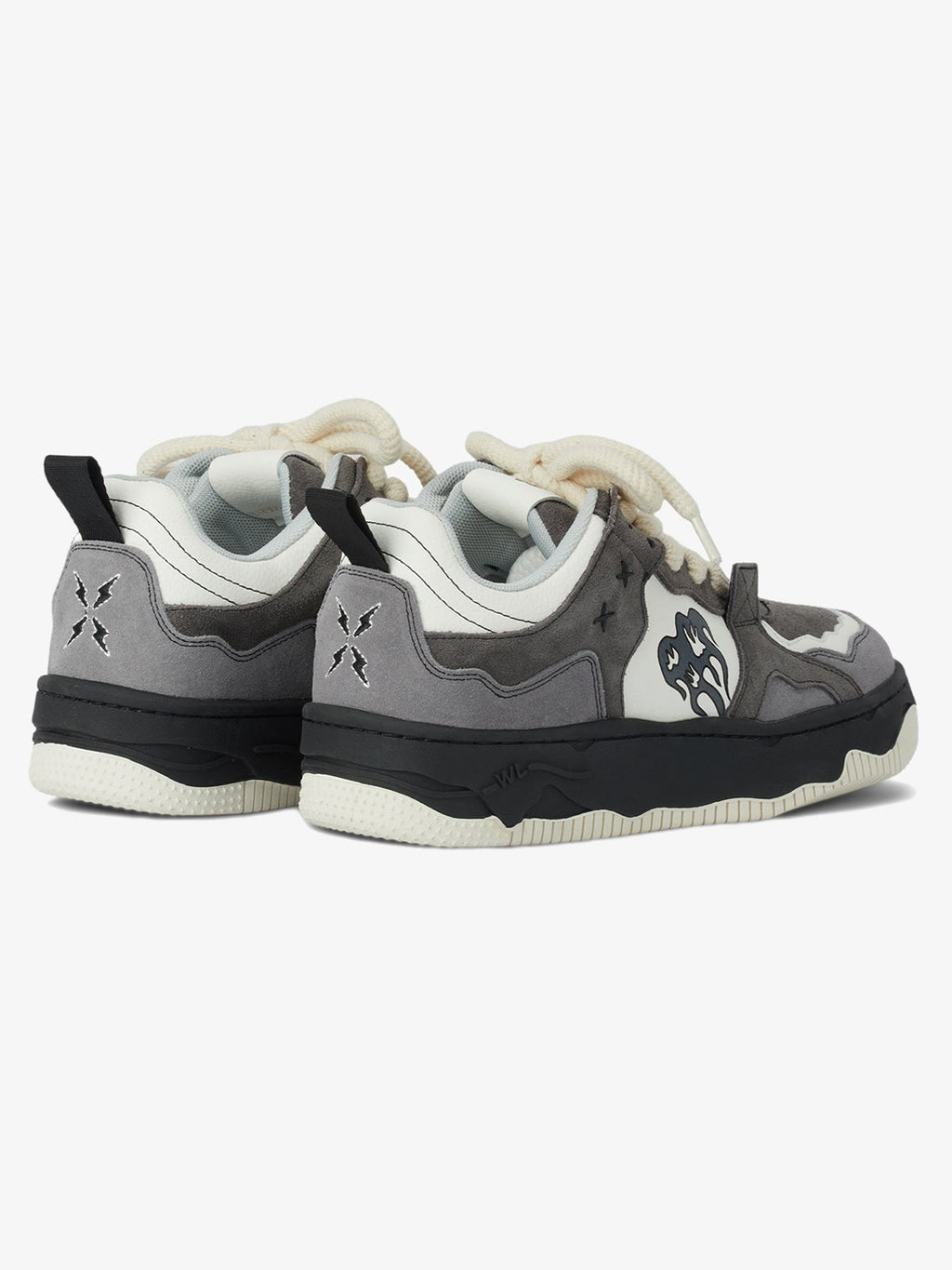 Back view of grey suede chunky sneakers