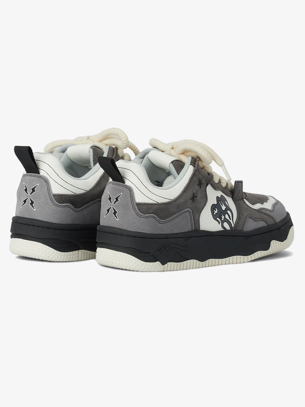 Back view of grey suede chunky sneakers