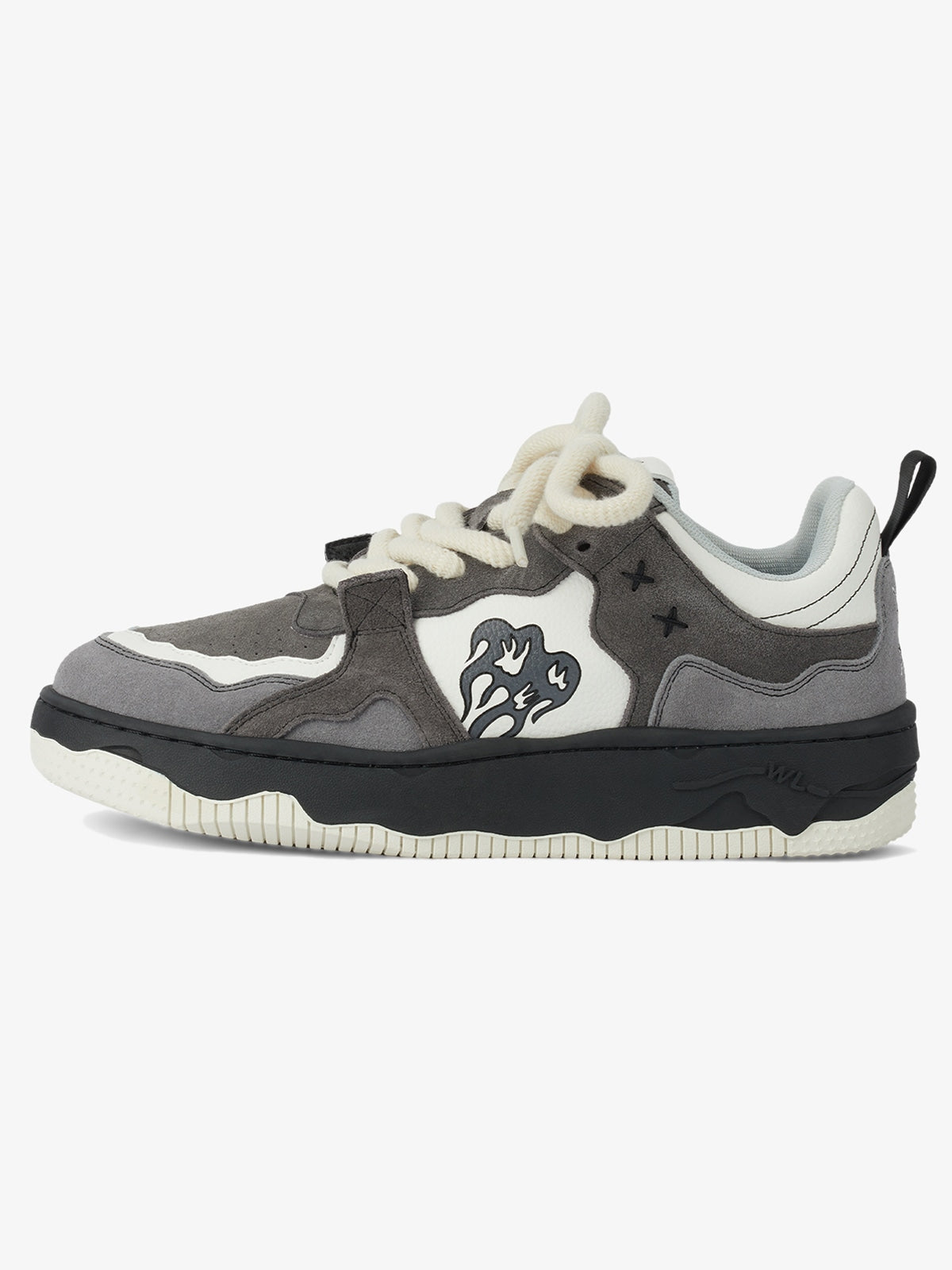 Side view of men’s grey suede chunky sneakers