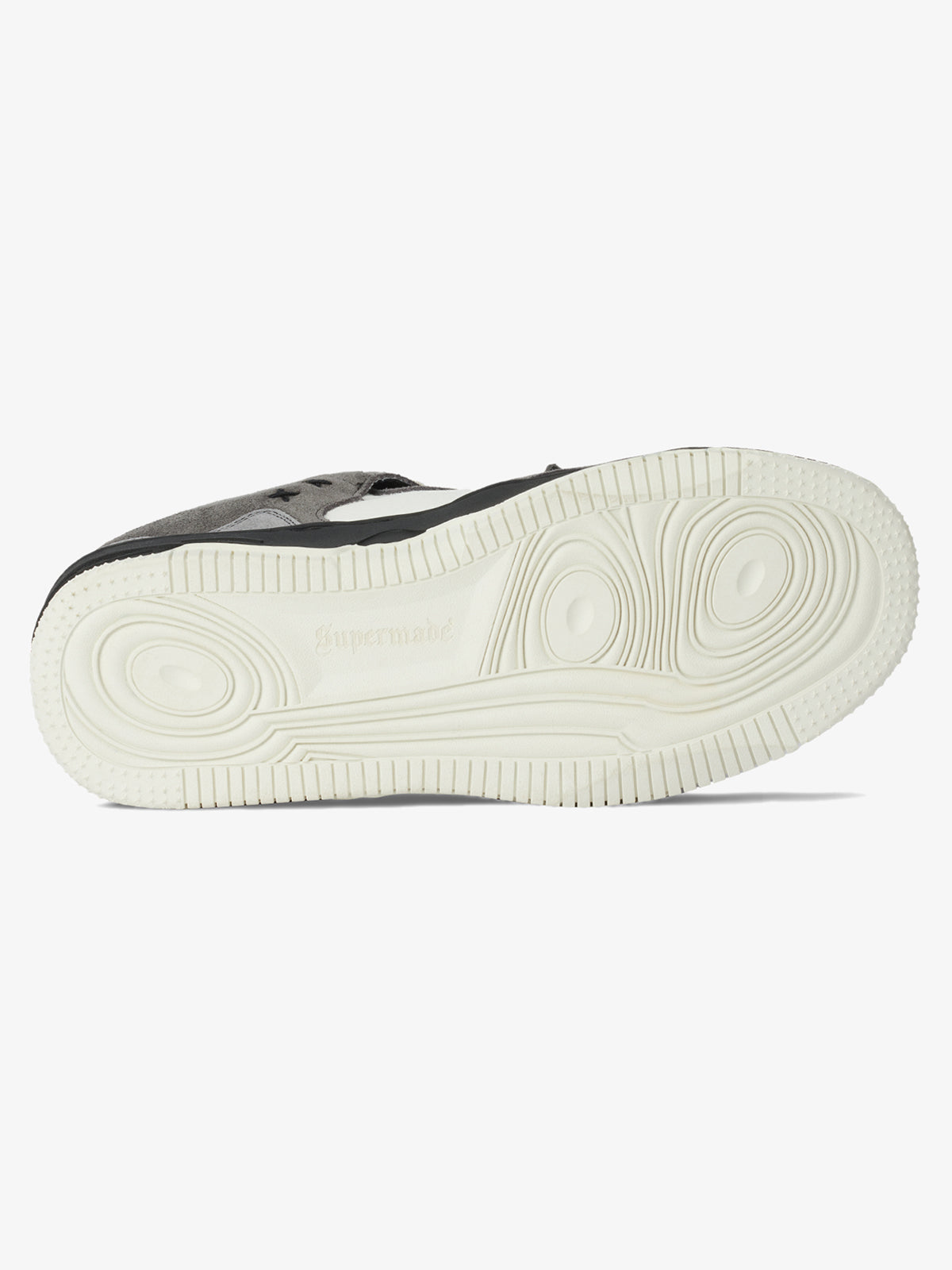Outsole view of men’s grey suede chunky sneakers