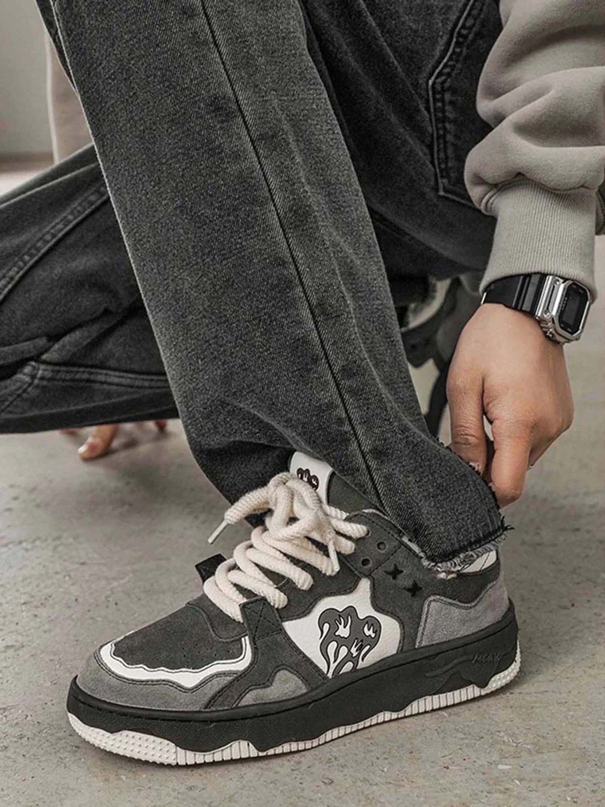 Men’s grey suede chunky sneakers styled with casual outfit