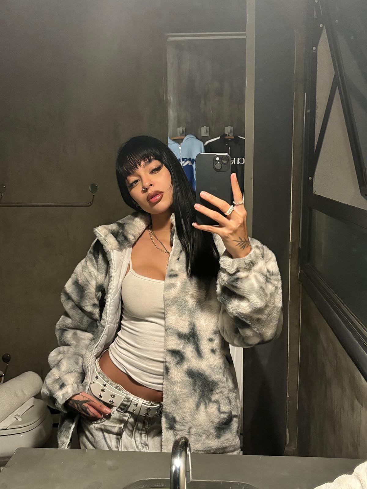 Back view of grey faux fur tie-dye jacket